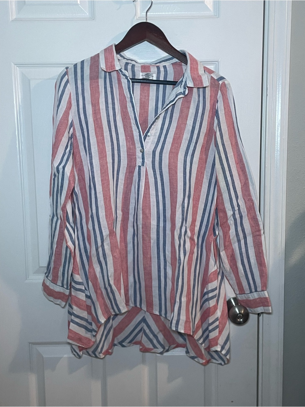 Artisan NY 100% Linen Striped Popover Tunic Blouse Medium Pale Red Blue White